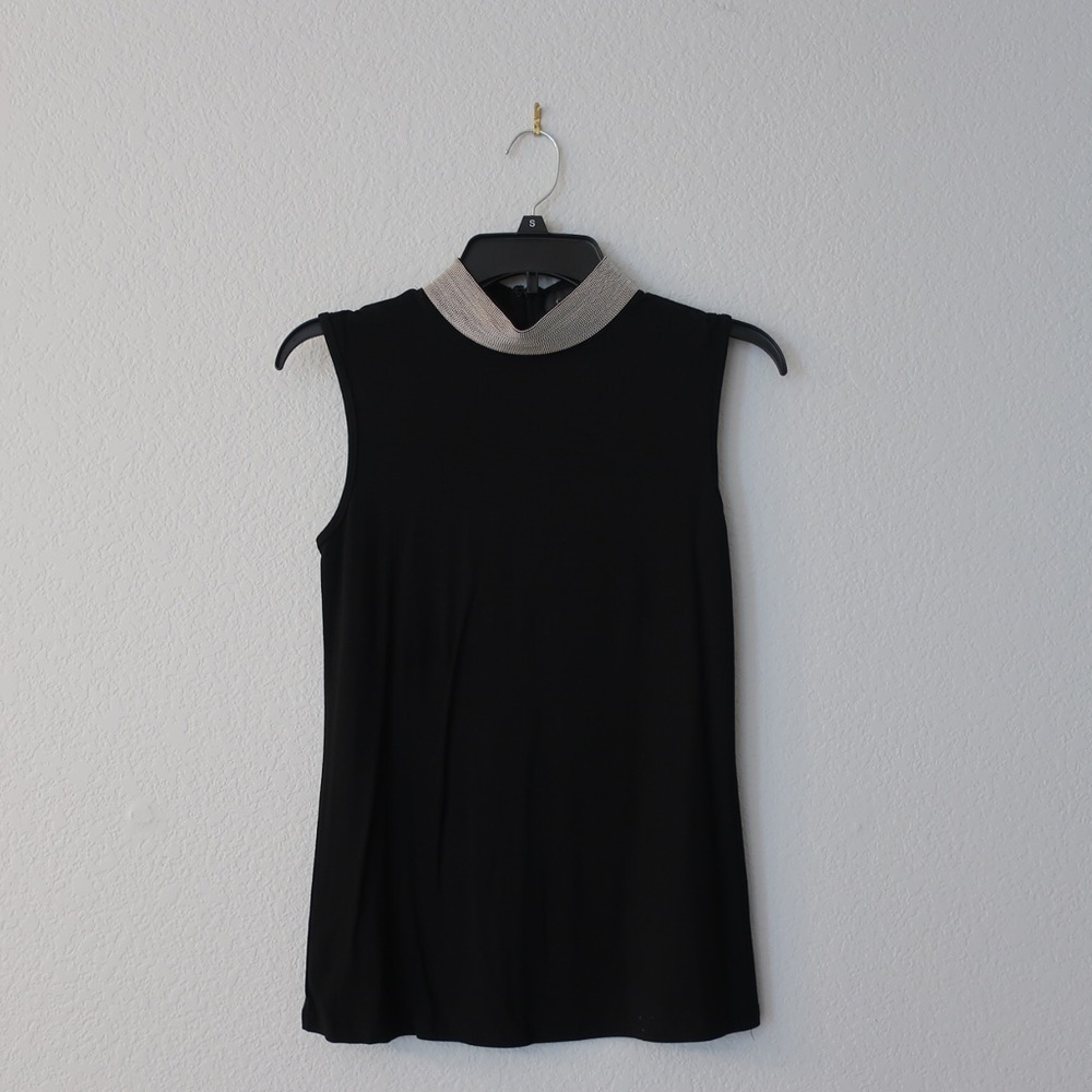 Gracia Black Tank Top with Beaded Neckline